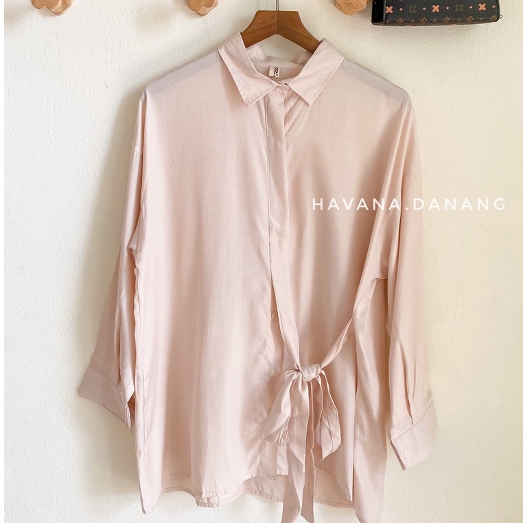 Áo sơ mi lụa nữ dài tay, sơ mi buộc eo mềm mịn freesize