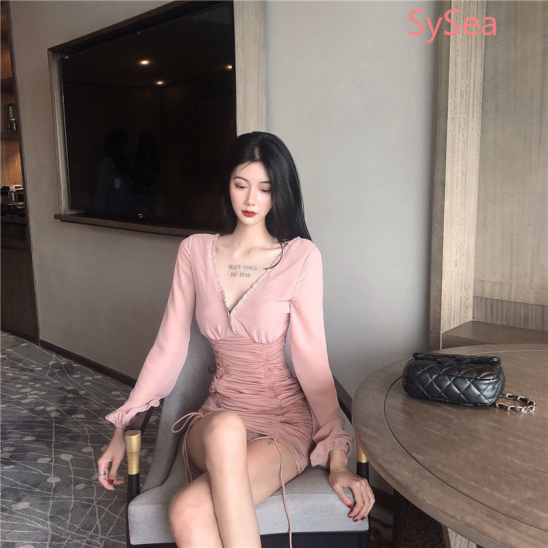 Đầm Tay Dài Cổ Chữ V Màu Hồng Dáng Ôm Gợi Cảm Thời Trang Cho Phụ Nữ