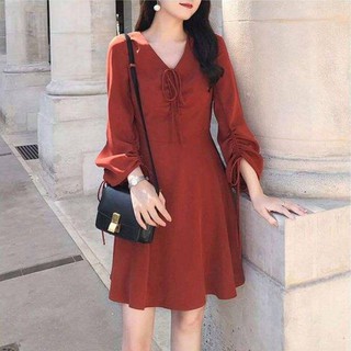 Đầm suông cam tay rút dây