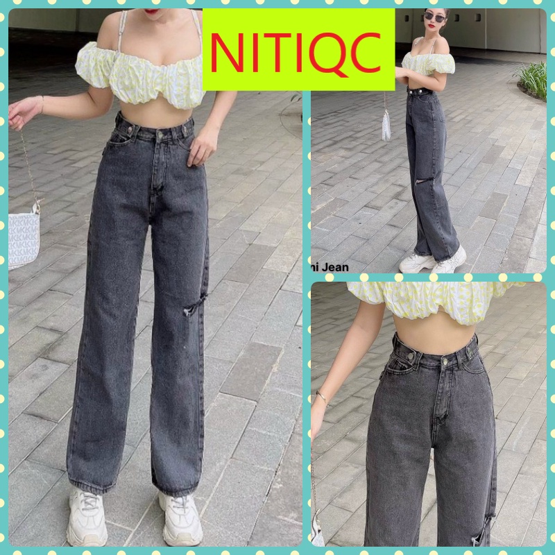 [VIDEO+FREESHIP ] QUẦN JEANS ỐNG RỘNG NỮ LƯNG CAO CẠP CHỈNH RÁCH BE TRÁI GIỮA MÀU XÁM NHẠT LAI CUỐN MỀM MỊN NITIQC