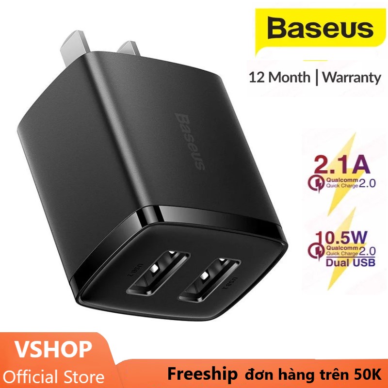 Củ Sạc Nhanh Baseus Compact Charger 2 Cổng USB 10.5W Cao cấp - Hàng Full Box