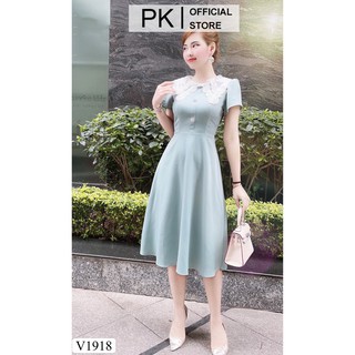 Đầm Thiết Kế Dáng Xoè Xanh Pastel Cổ Ren Cúc Ngọc V1918, Váy Xoè Lụa Cao Cấp - PK Official