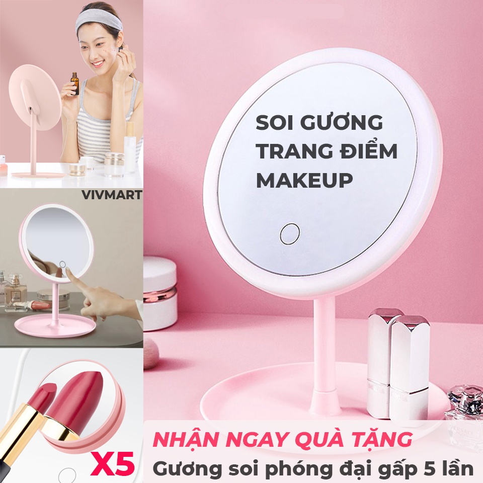 ✅ Gương Để Bàn Trang Điểm MakeUp Hình Tròn Có Đèn Led Cảm Ứng 3 Chế Độ Màu - Tặng Gương Phóng Đại 5 lần