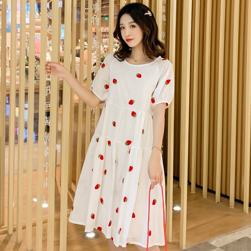 Đầm tay ngắn dáng rộng thêu họa tiết thời trang mùa hè cho mẹ bầu