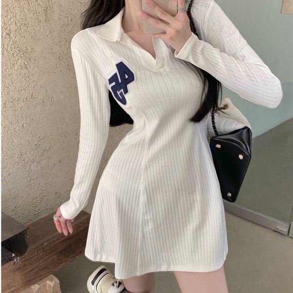 Váy Polo Nữ Thêu Số 45 Chất Thun Tăm Đầm Xoè Cổ Bẻ Sơ Mi Dáng Bassic Sexy Hàn Quốc | BigBuy360 - bigbuy360.vn