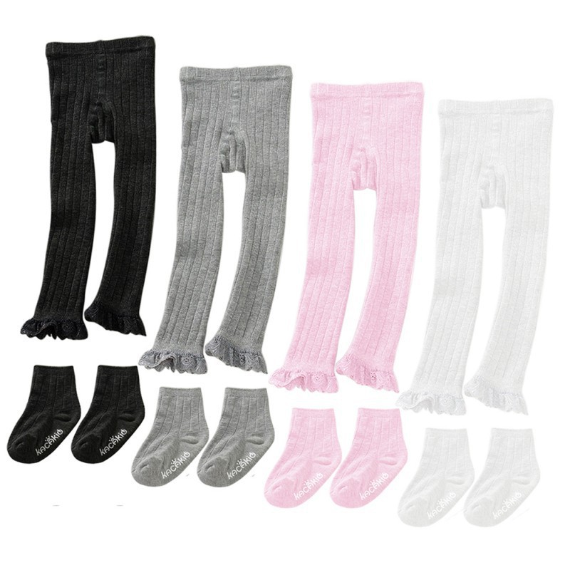 Set quần legging phối ren + tất chất liệu cotton cho bé