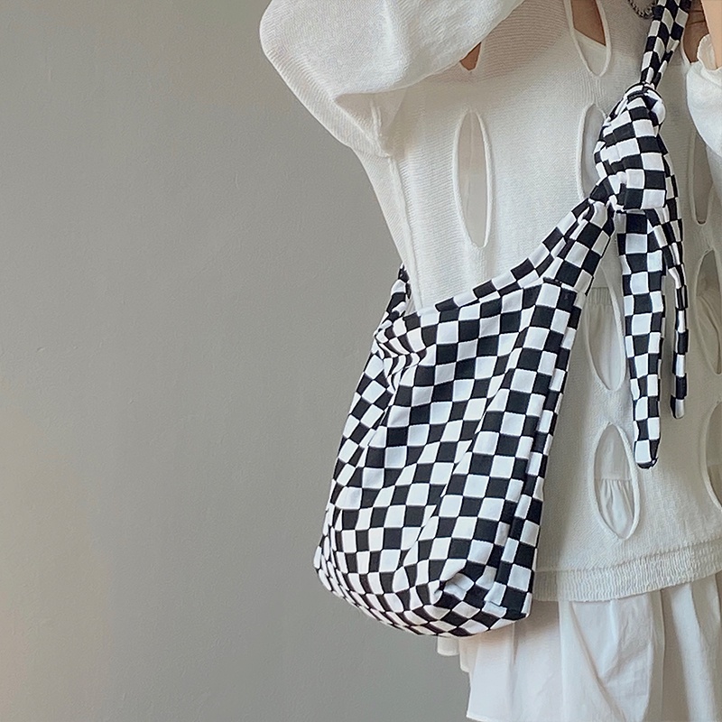 Túi đeo chéo IELGY bằng vải canvas sức chứa lớn họa tiết caro thời trang phong cách Hàn Quốc năng động cho nữ