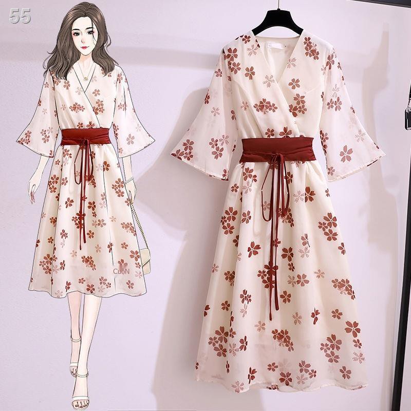 Đầm hoa voan nữ hè 2021 phiên bản mới Hanfu cải tiến màu đỏ ròng Kiểu kimono phổ biến váy