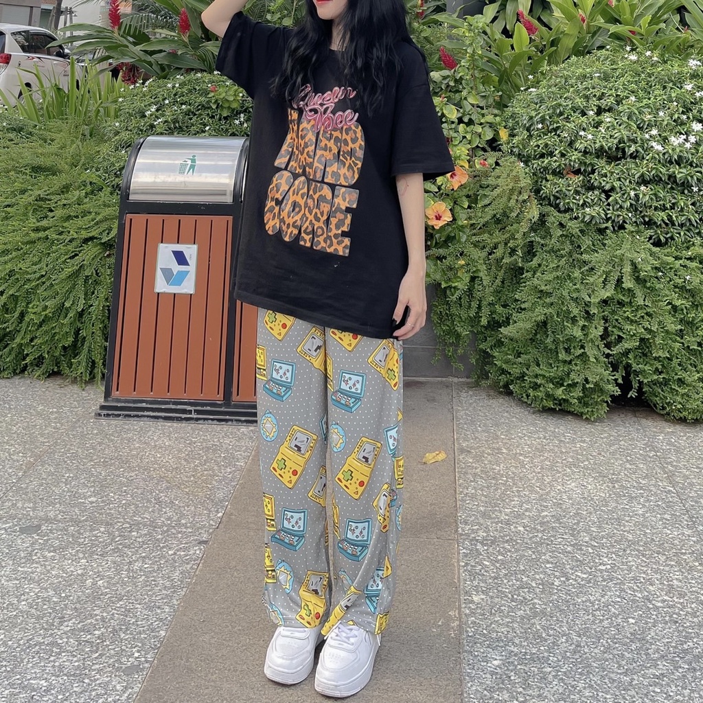 Quần thun suông ống rộng hoạ tiết cartoon hoạt hình unisex nam nữ SIB035