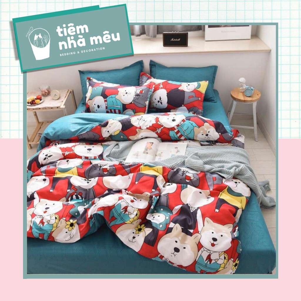 Bộ Chăn Ga Gối Cotton 80% ✨ m6/m8/2m - Full size Tiệm Nhà Mêu✨ 2 Vỏ gối ,drap , vỏ chăn Cotton Chó Chiba Nhập Khẩu Sale