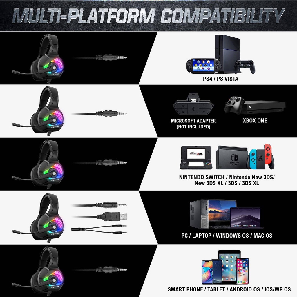 Tai nghe chụp tai chơi game ONIKUMA K6 có dây và micro, giảm tiếng ồn với cúp tai mềm thoải mái, đèn nền RGB