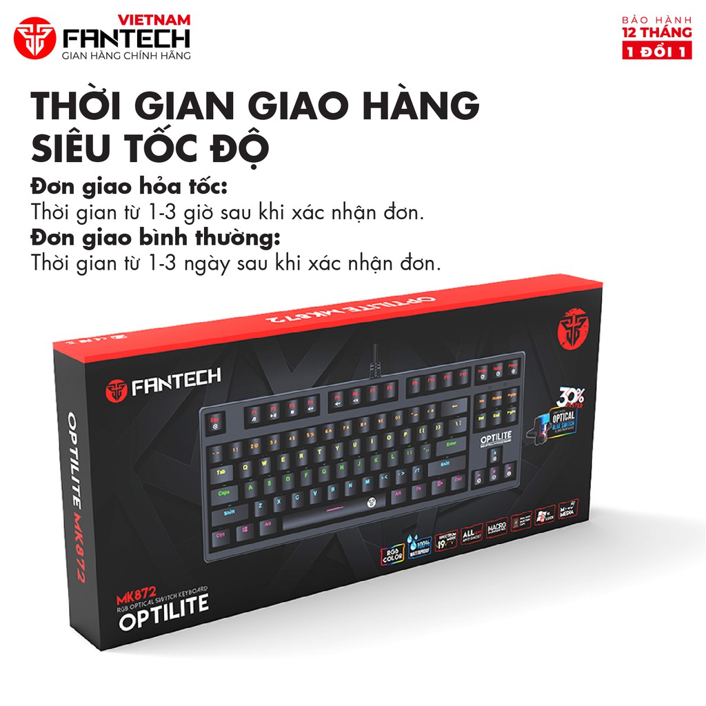 Bàn Phím Chơi Game Phím Quang Optical Led RGB Chống Nước FANTECH OPTILITE MK872 - Hãng Phân Phối Chính Thức