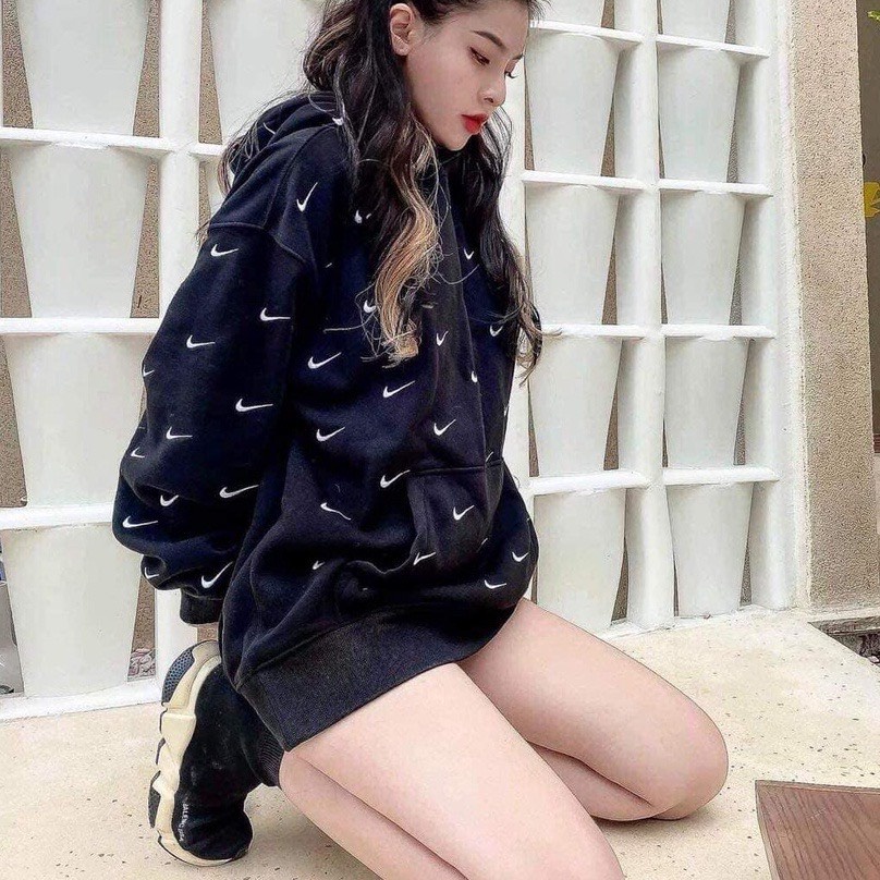 Áo hoodie nam nữ tay bồng full logo NI phom rộng / Áo nỉ có mũ dáng thụng 2 màu mặc đi học đi chơi_veestore