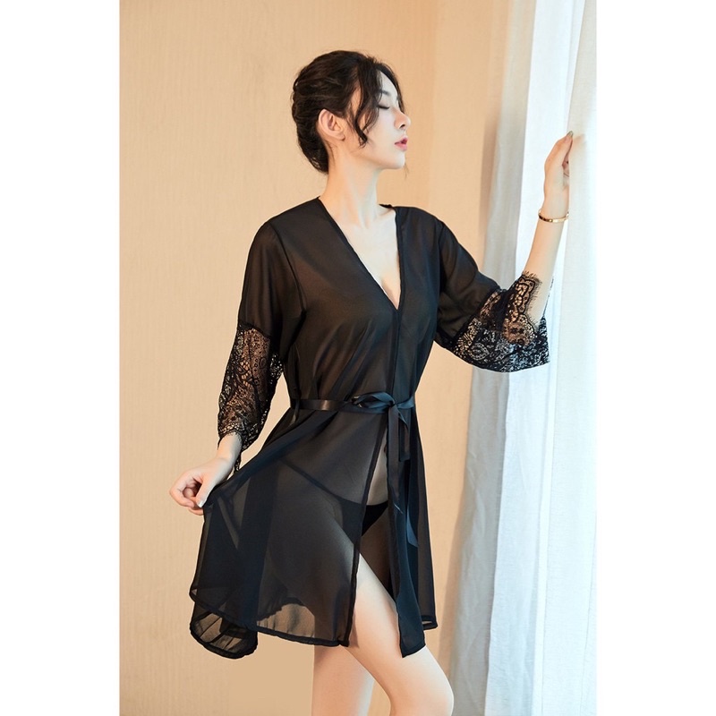 Tặng kèm chip - Áo choàng ngủ kimono tay phối ren xuyên thấu sexy