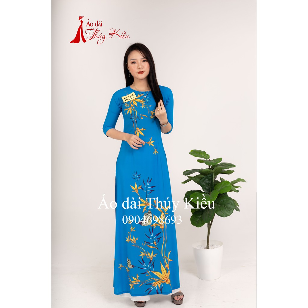 Áo dài nữ thiết kế đẹp may sẵn cách tân trung niên tết nền xanh K25 Thúy Kiều mềm mại, co giãn, áo dài giá rẻ