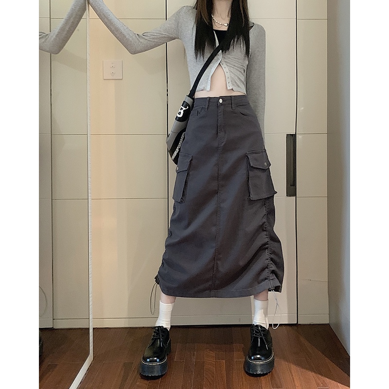 Xiaozhainv Chân Váy Chữ A Lưng Cao Phối Dây Rút Phong Cách Vintage
