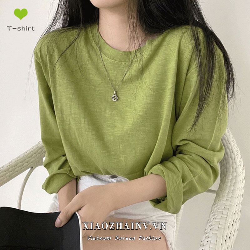 [ Mã 12FASHIONSALE1 giảm 10K đơn 50K ] Xiaozhainv Áo thun dáng suông tay dài màu trơn thời trang cho nữ