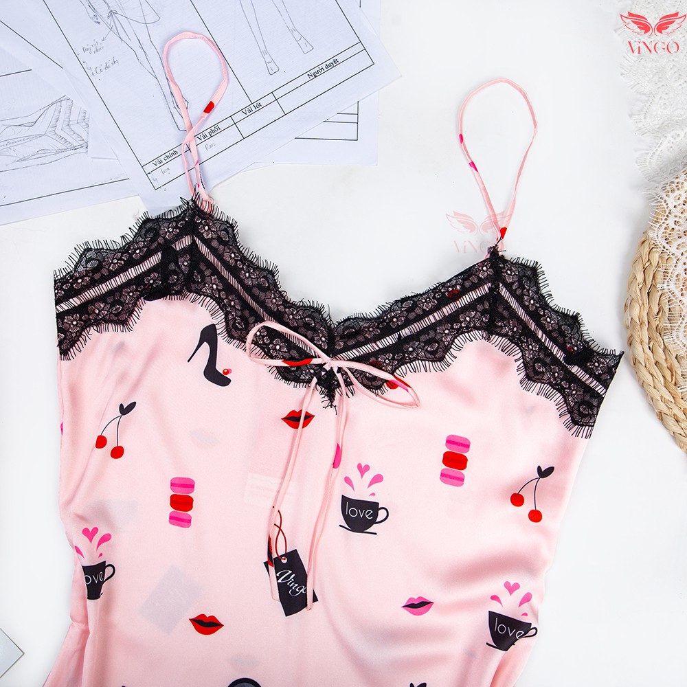 Váy ngủ lụa họa tiết phối ren ngực dịu dàng gợi cảm N267 Vingo VNGO | BigBuy360 - bigbuy360.vn