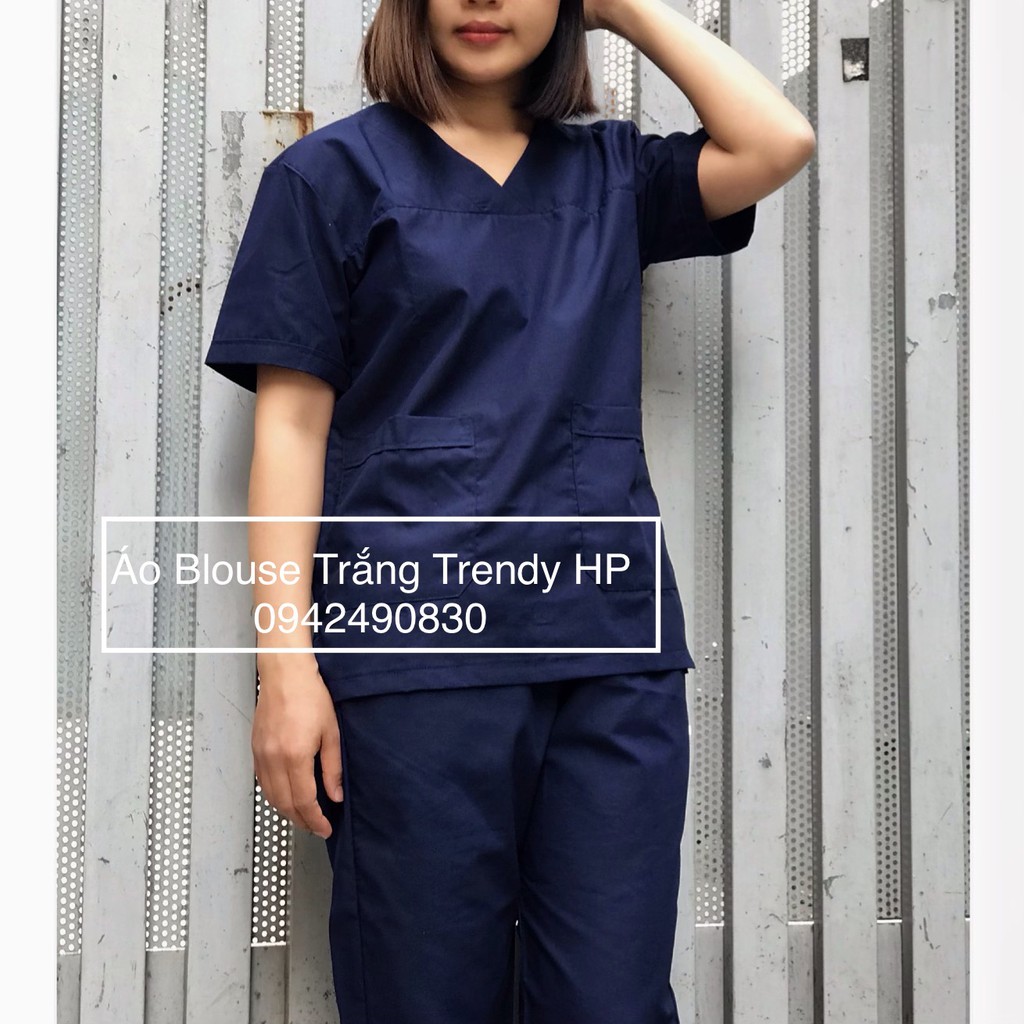 Bộ scrubs nam nữ màu xanh đen - bộ quần áo blouse cổ tim bác sĩ, hộ lý, kỹ thuật viên màu xanh đen