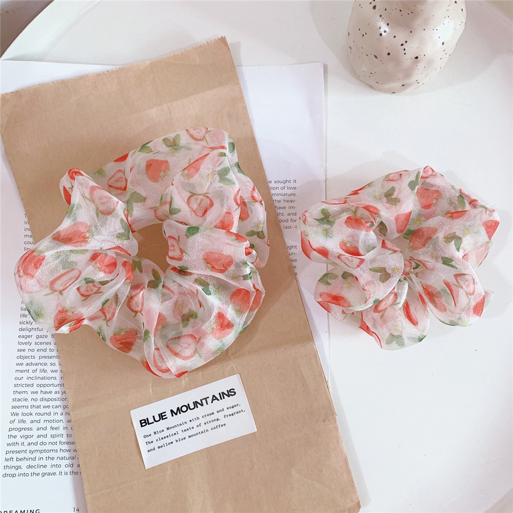 Scrunchies Cột Tóc Voan Kính Họa Tiết Trái Dâu Cute