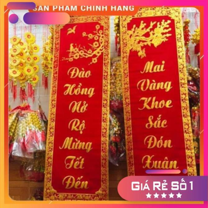 1 đôi câu đối đỏ, liễng trang trí tết 35x100cm in chữ Việt Nam làm từ vải nhung đẹp