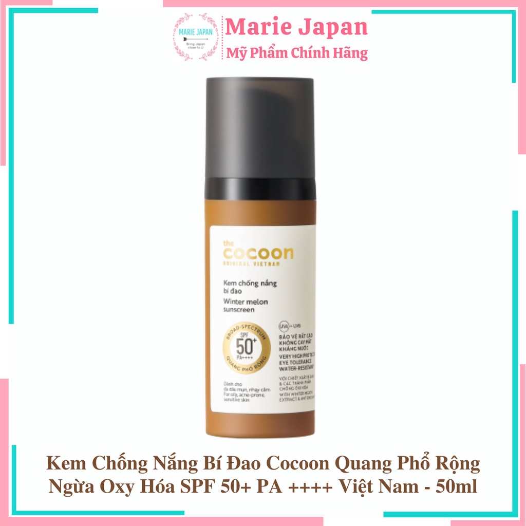 Kem Chống Nắng Bí Đao Cocoon Quang Phổ Rộng Chống Oxy Hóa SPF 50+ PA ++++ Việt Nam - 50ml