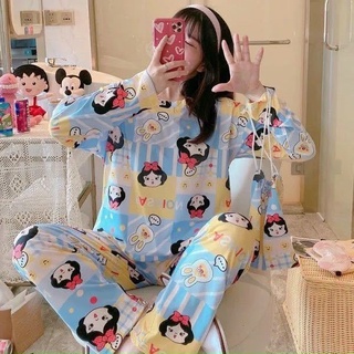 Set thun dài tay nữ nhiều họa tiết - Bộ đồ ngủ quần suông áo phông thu đông in hình bánh bèo pijama mặc ở nhà