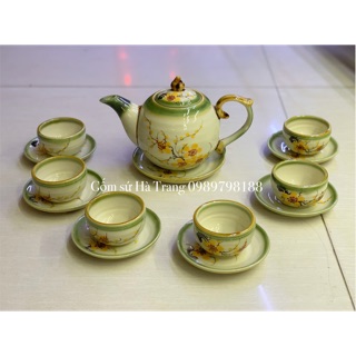 Bộ ấm chén Bát Tràng vẽ mai vàng