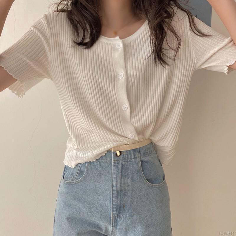 Áo Lửng Dệt Kim Tay Ngắn Cổ Tròn Phối Khuy Cài Hợp Thời Trang Cho Nữ