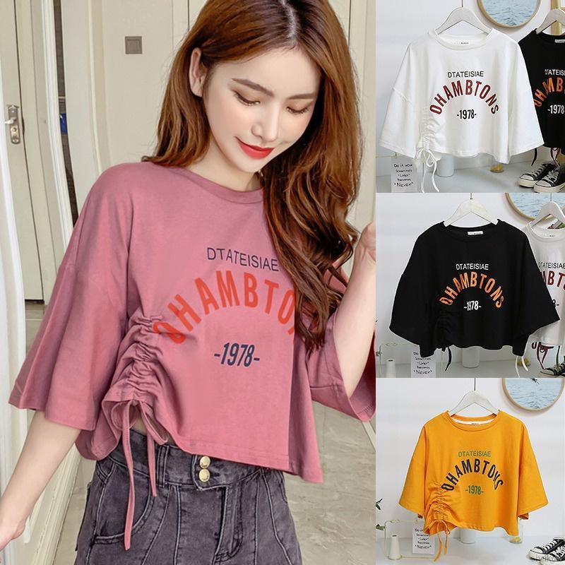 Áo thun lửng ngắn tay dây rút thời trang cho nữ