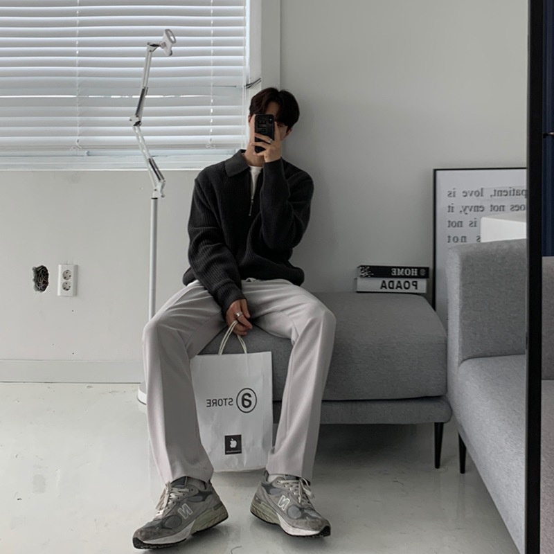 Áo Sweater Cổ Polo Dáng Rộng Dày Dặn Phối Khóa Kéo Cá Tính Kiểu Retro Nhật Bản Cho Nam