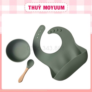 Set ăn dặm cho bé 3 chi tiết ( Bát ăn dặm chống đổ, Yếm máng ăn dặm silicon, thìa ăn dặm silicon cán gỗ)