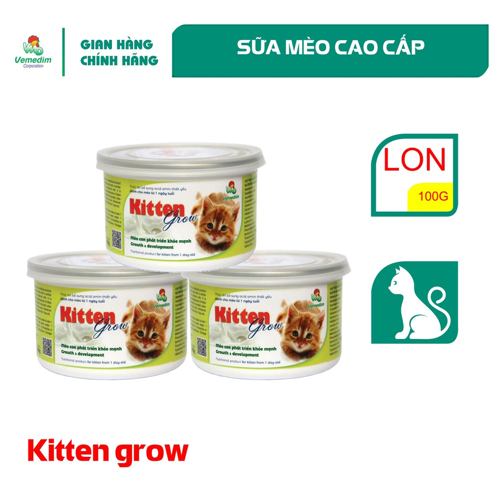 Vemedim Kitten Grow sữa cao cấp dành cho mèo con, bổ sung acid amin thiết yếu cho mèo con từ 1 ngày tuổi, lon 100g