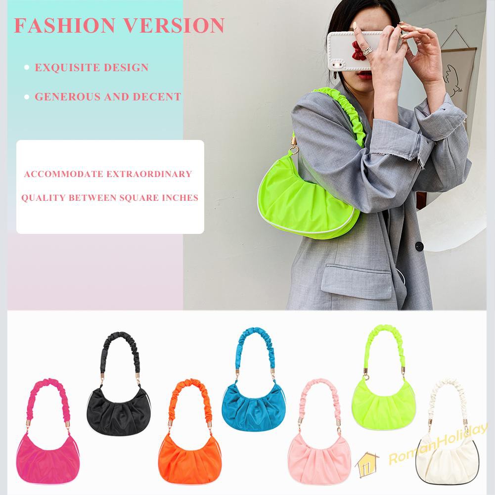 【On Sale】Retro Women Pleated Pure Color Underarm Bag Casual Top-handle Hobos Handbag