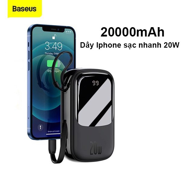 Pin dự phòng Baseus 20.000mAh  tích hợp cáp Lighting Iphone QPow Digital Display Sạc nhanh 20W Apple