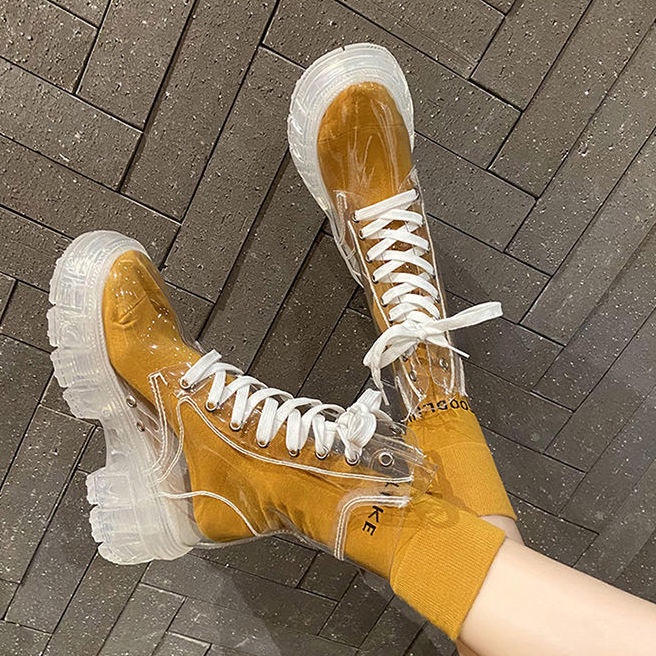 Giày bốt martin đi mưa đế dày trong suốt thoáng khí thắt dây sành điệu cho nữ