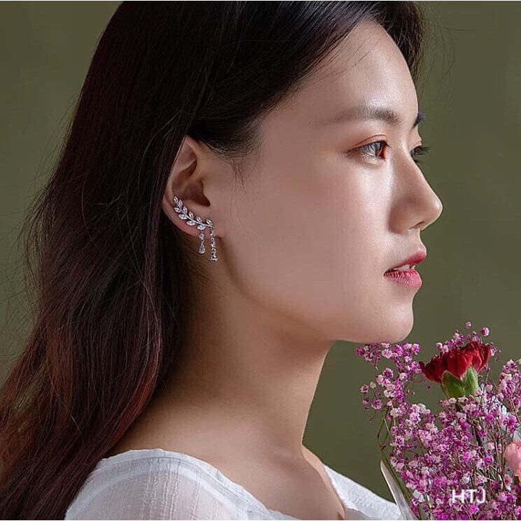 Bông tai bạc thật hình lá kẹp vành tuyệt đejp LINH MIU SILVER