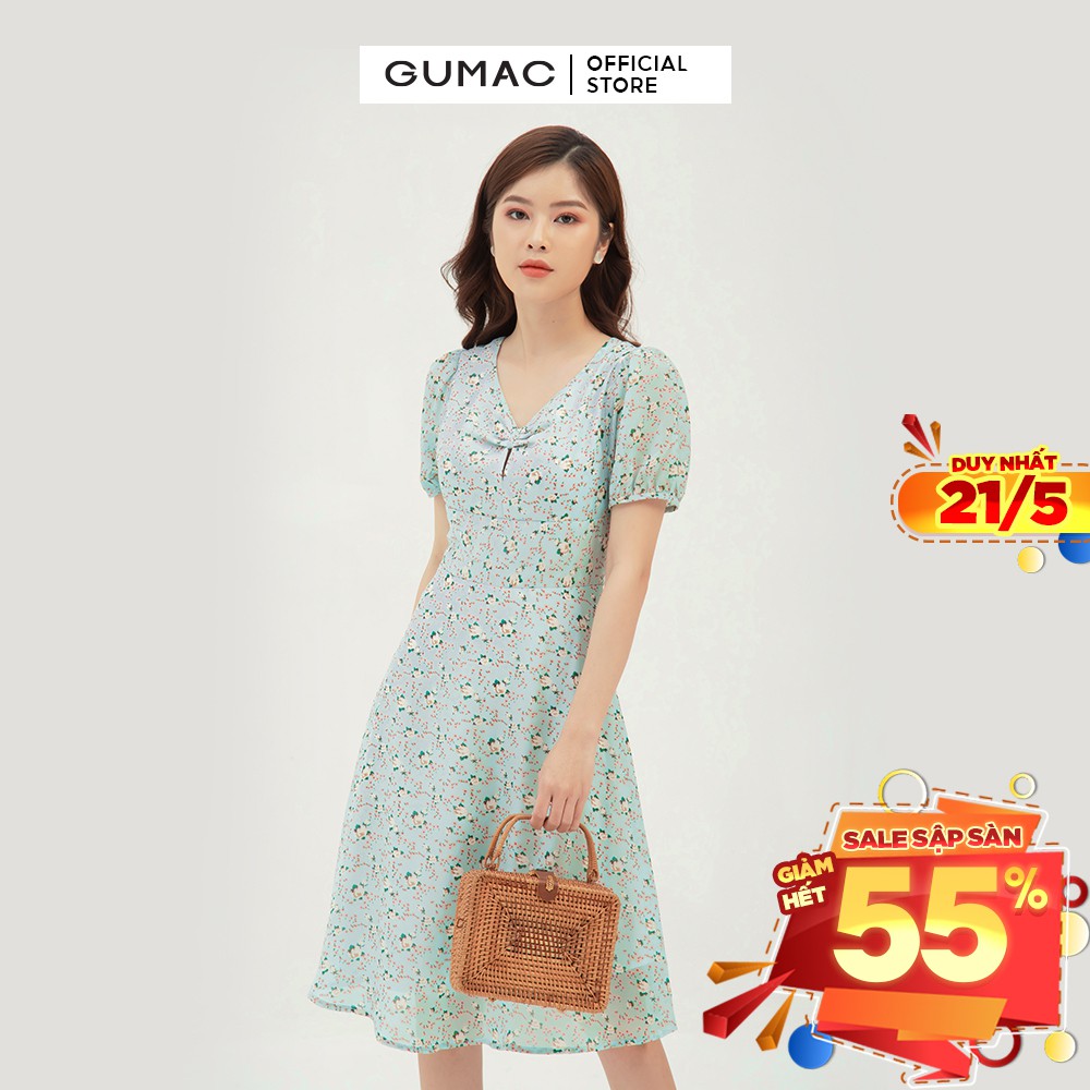 [Mã MABR07062 giảm 8% tối đa 50K đơn từ 249K] Đầm xòe nữ họa tiết hoa nhún ngực GUMAC màu xanh, đủ size DB380