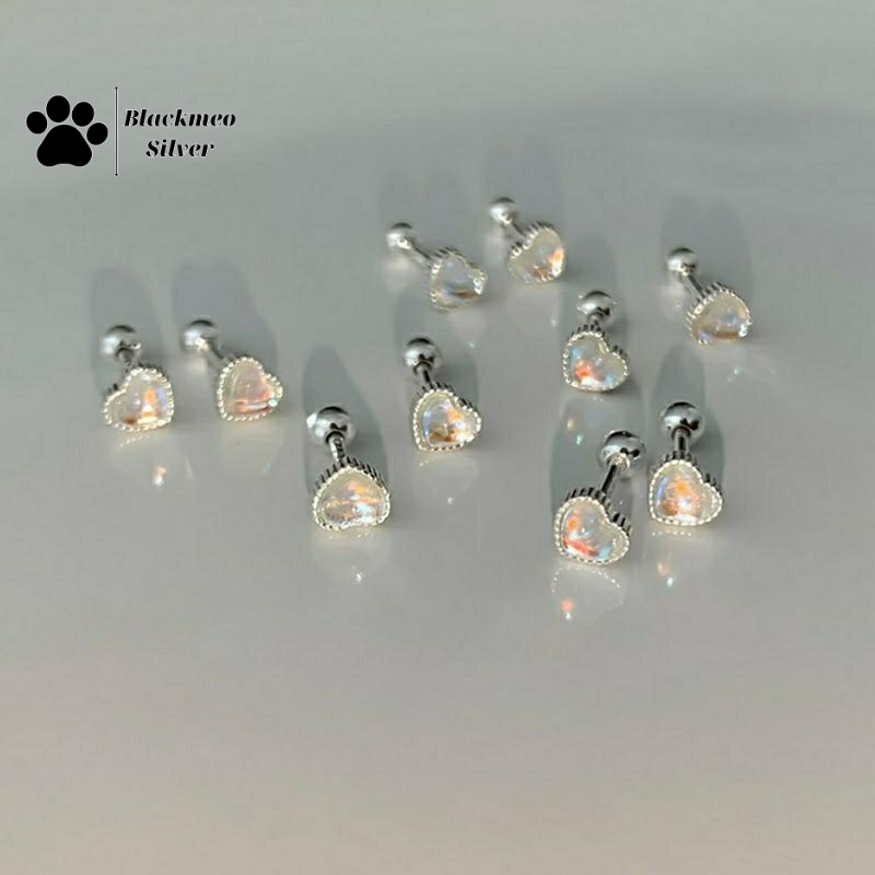 Bông Tai Trái Tim Đá Moonstone Nhân Tạo Chuôi Bi Bạc Ý S925 Cao Cấp Giá 1 Chiếc - BLACMEO
