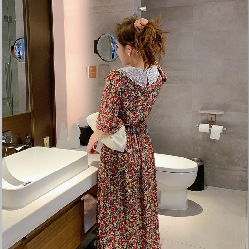 Đầm tay ngắn phối ren in họa tiết hoa phong cách cổ điển tinh tế thời trang