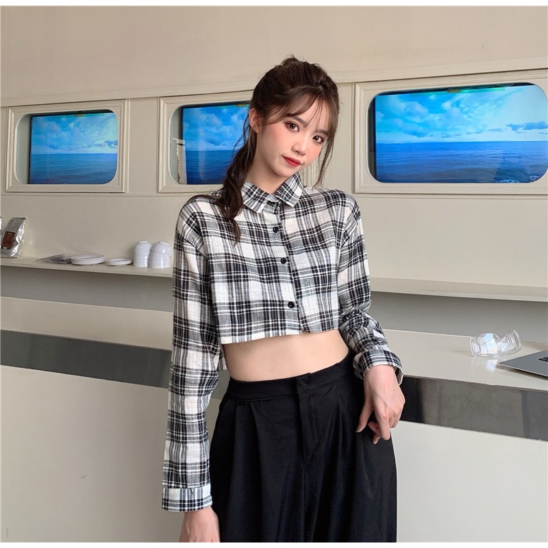 Áo sơ mi ZHELIHANGFEI tay dài cổ polo eo cao quyến rũ thiết kế thời trang