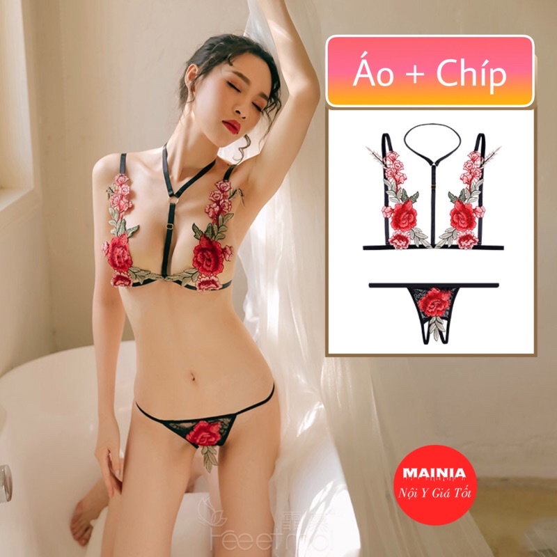 Set Bộ Đồ Lót Ren Hoa Hồng Sexy Lọt Khe Hở Đáy Quyến Rũ Xuyên Thấu Mainia Shop