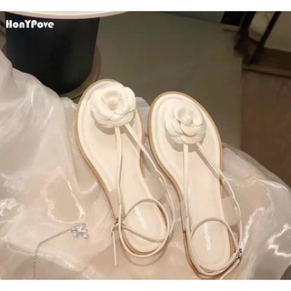 Honypove Giày Sandal Hở Ngón Đế Bằng Mũi Tròn Đính Hoa Thời Trang