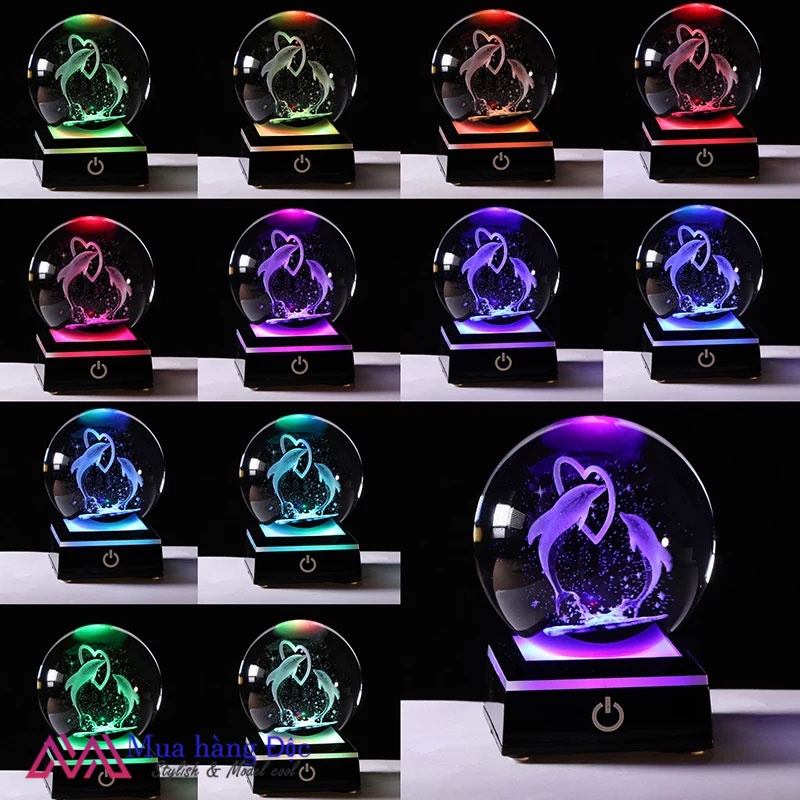 Bộ Quà Tặng Quả Cầu Pha Lê 3D LED Cặp Đôi Cá heo 6CM