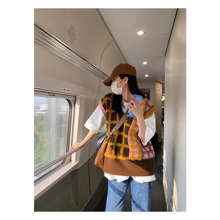 MỚI Áo len không tay cổ chữ V họa tiết caro cổ điển