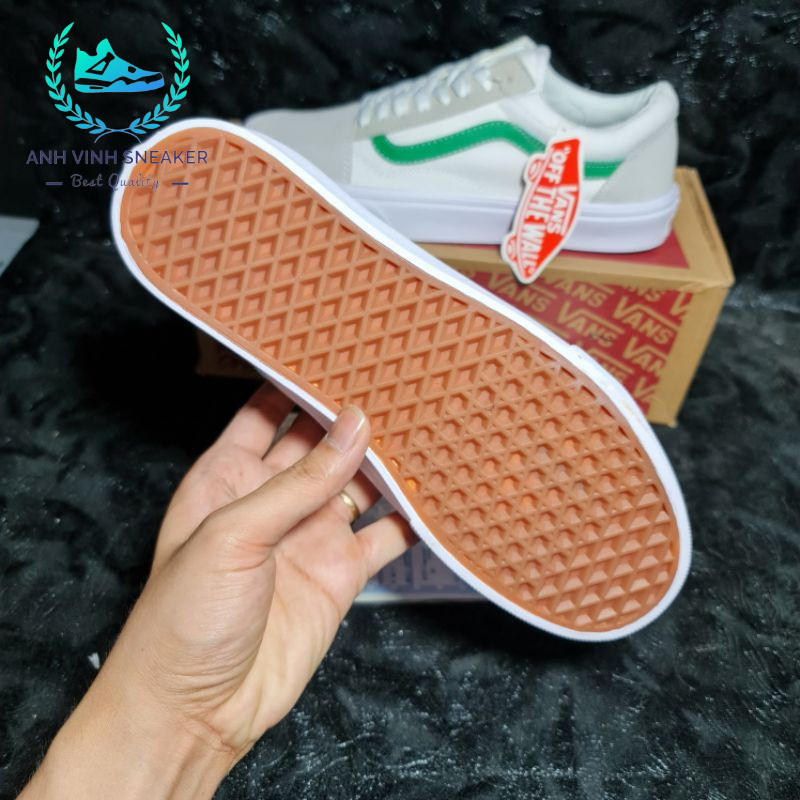 Giày Vans Old Skool White Green Trắng Sọc Xanh Lá Nam Nữ Cổ Thấp
