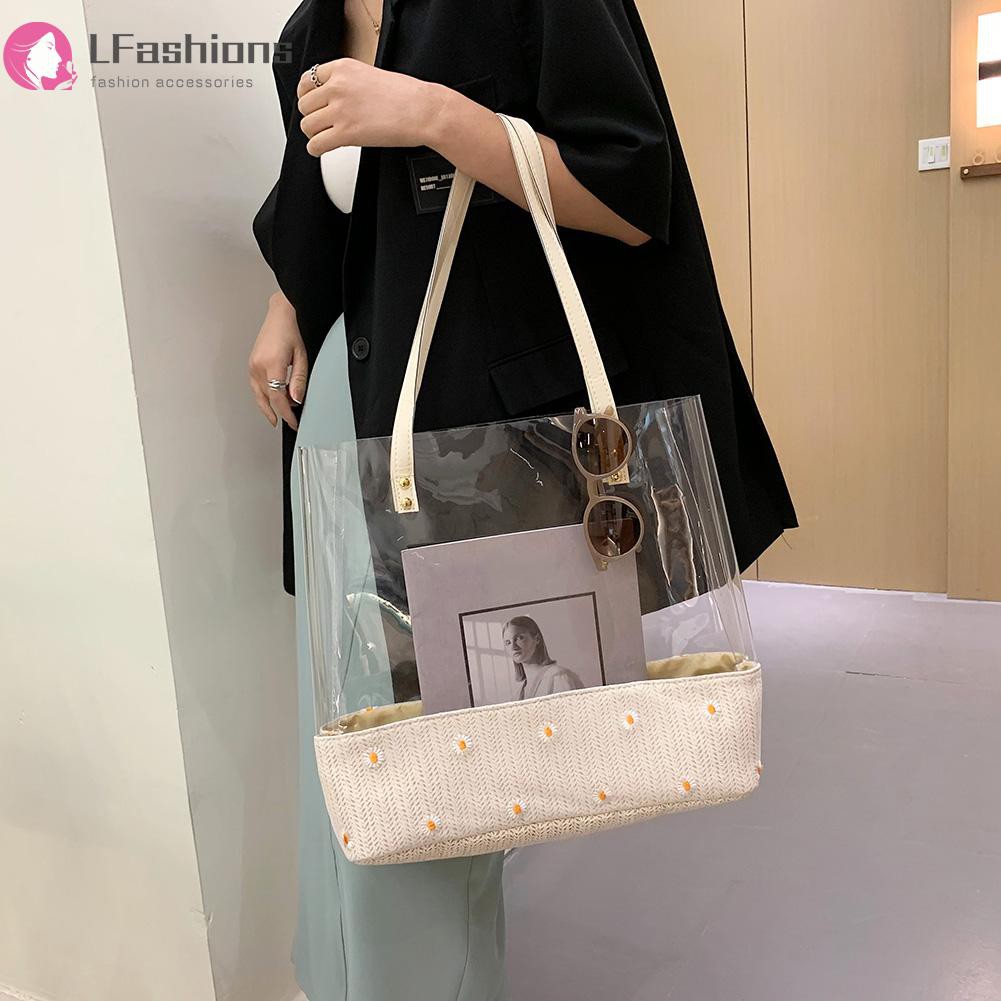 Fashion Women Woven Patchwork Daisy Shoulder Bag Summer Clear Tote Handbags