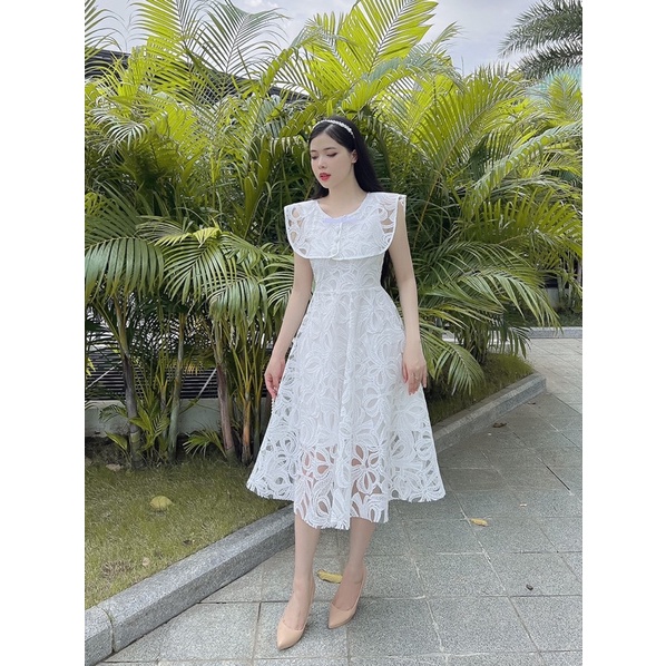 Váy trắng ren cổ tròn dáng dài xoè tiểu thư công chúa V46