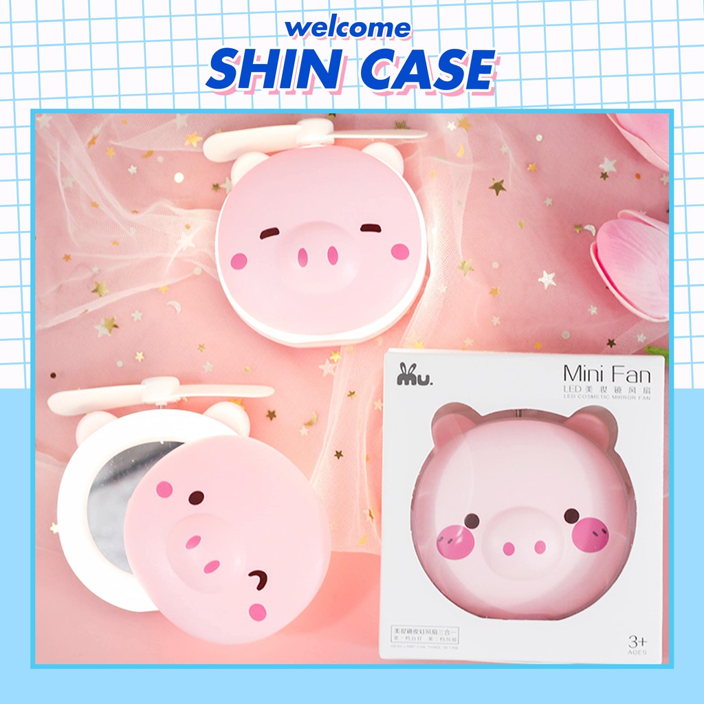 Quạt Tích Điện Lợn Yêu mini kèm gương và đèn 3 trong 1 - Shin Case