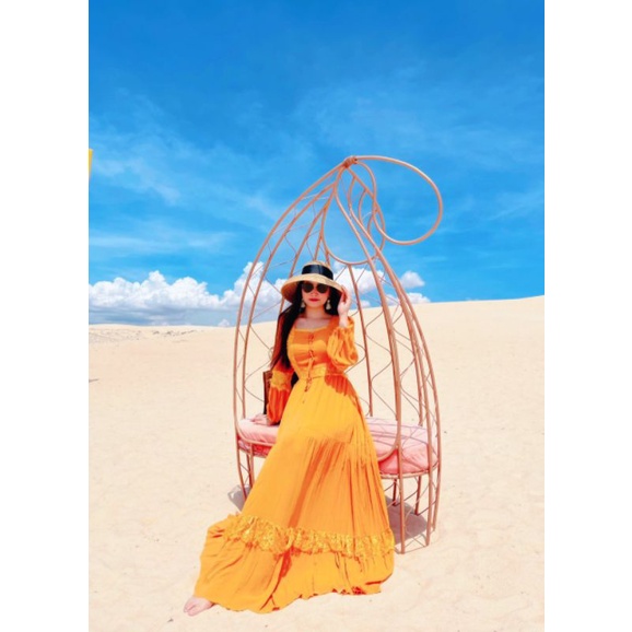 HOANGYEN - Đầm Skies Dress chất đũi tay dài vintage màu vàng